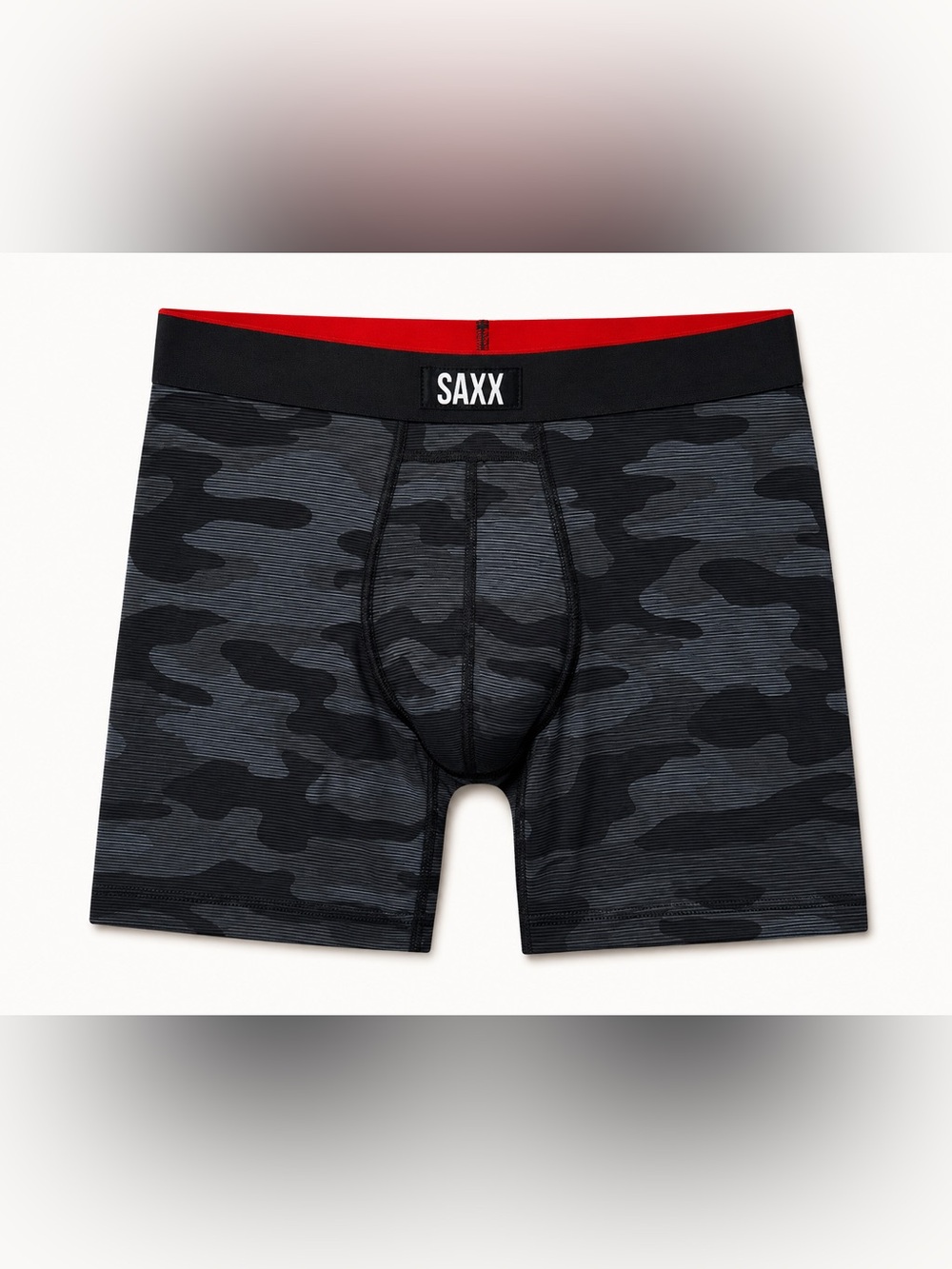 Saxx Black & Gray Camo Boxer Briefs with Red Waistband Accent